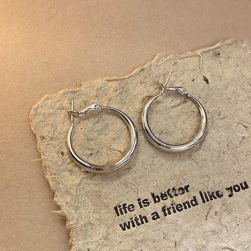 Cold Wind Personality Silver Needle Plain Ring Earrings Simple Earrings Ins Fashion High-End Earrings - Image 1